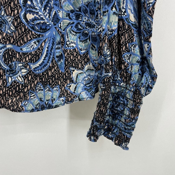 MISA Los Angeles Size S Siena Blouse Long Puff Sleeve Boho Top Black Blue Floral - Picture 3 of 7
